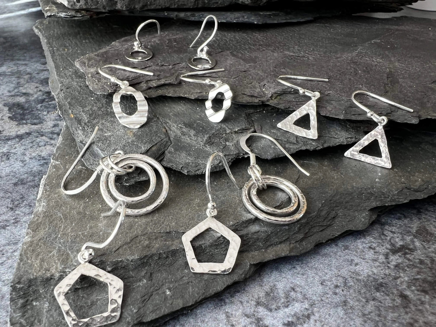 Multiple Earrings Displayed on Slate Pieces - Kerry Gallop Jewellery