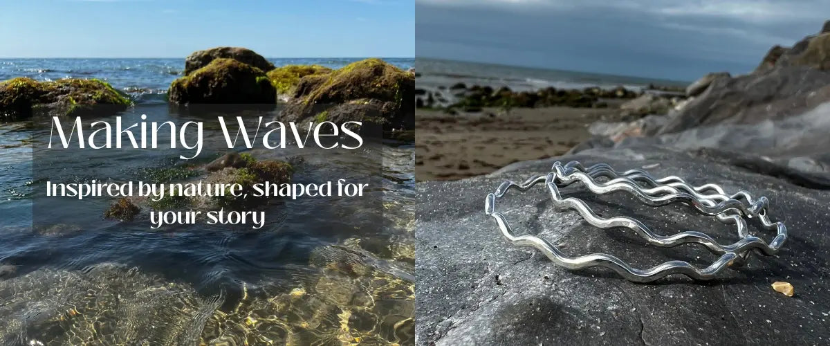 Sterling silver wave bangle on a rock with ocean view and text 'Making Waves' inspired by nature.