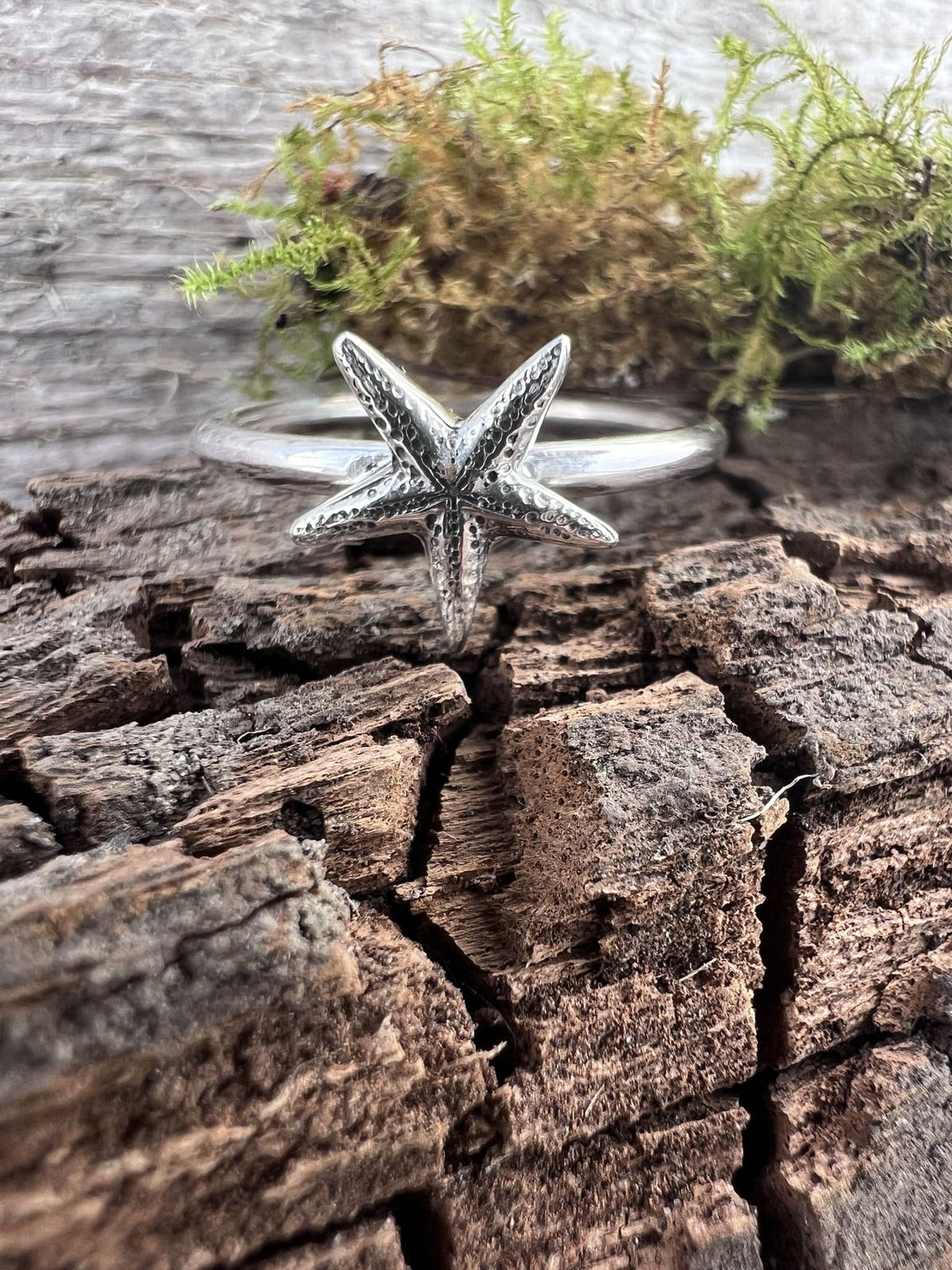 Handmade sterling silver delicate starfish ring on mossy driftwood, front view