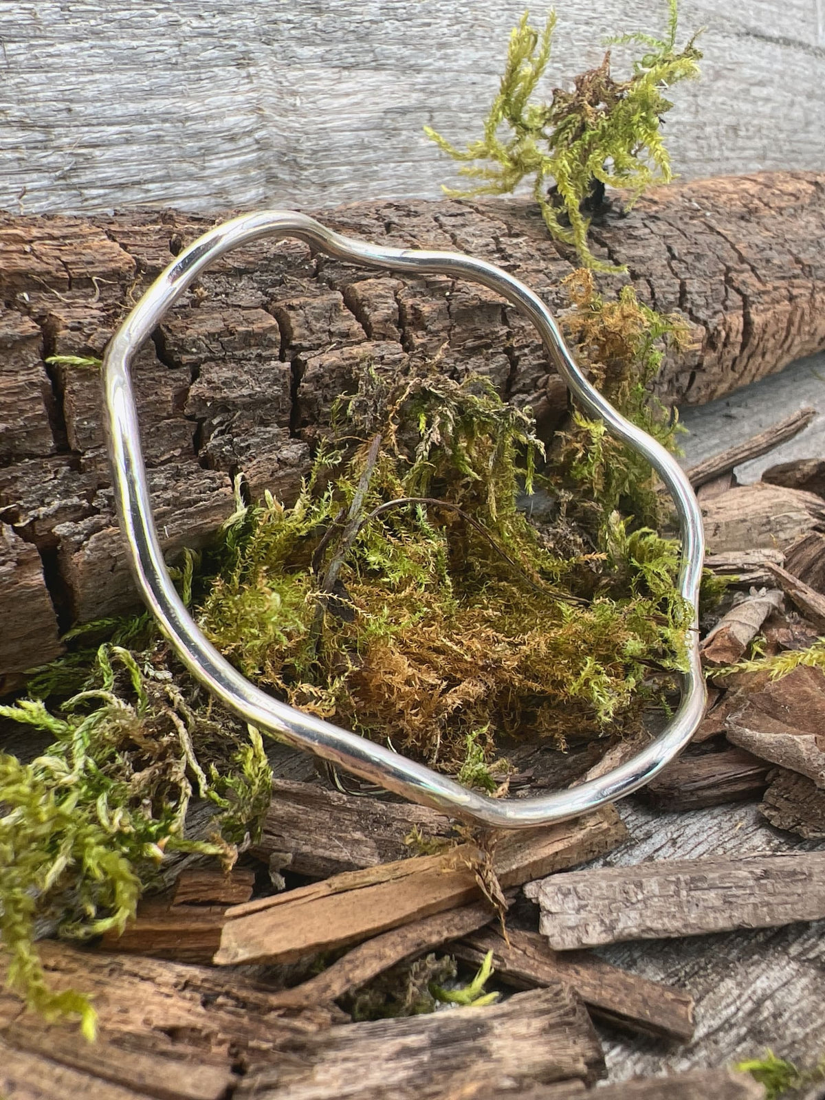 Recycled sterling silver gentle wave bangle 2.5mm on mossy driftwood, handmade Isle of Wight jewellery