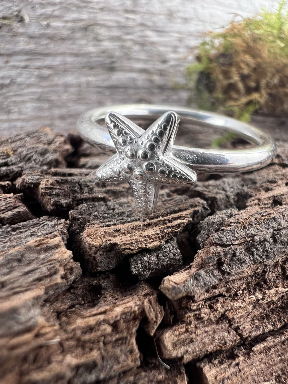 Recycled sterling silver small starfish ring on weathered driftwood, handmade coastal jewellery Isle of Wight