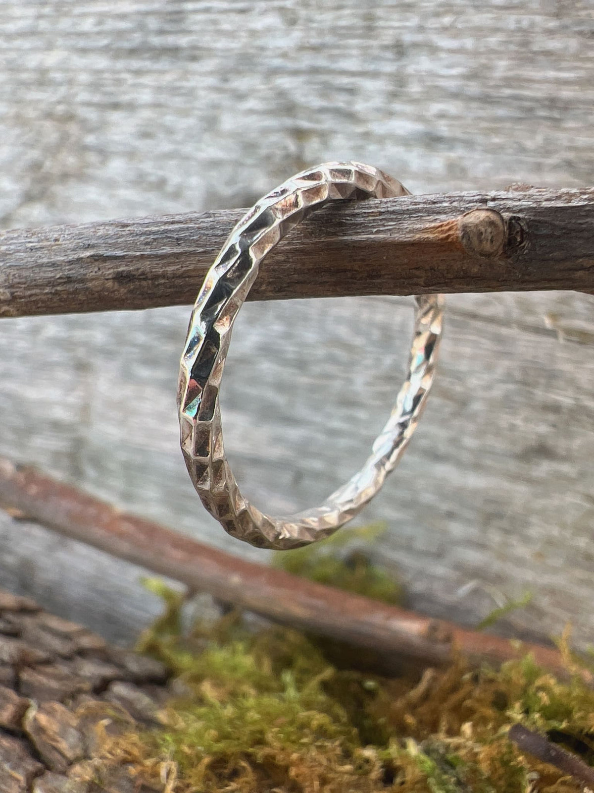 Recycled sterling silver sparkle cut ring hanging on branch with moss, handmade Isle of Wight jewellery