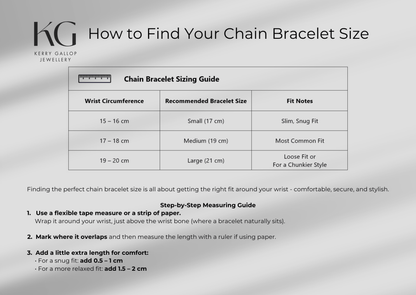 Sterling Silver Lina Trace Bracelet Size Chart - Kerry Gallop Jewellery