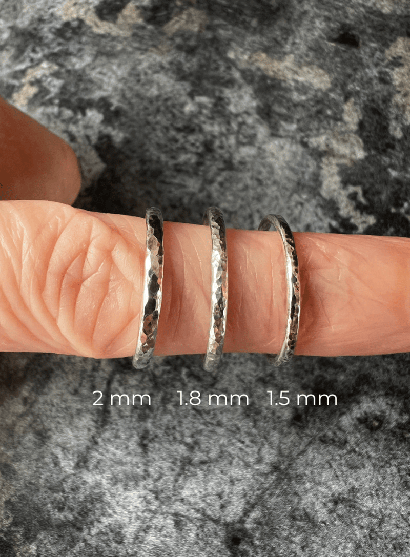 Three Sterling Silver Thin Textured Stacking Rings Worn by Model - Kerry Gallop Jewellery